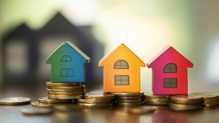 Colorful Toy Houses On Coin Stacks. Real Estate Investment, Mortgage Rates, Property Value And Home Savings Concept.