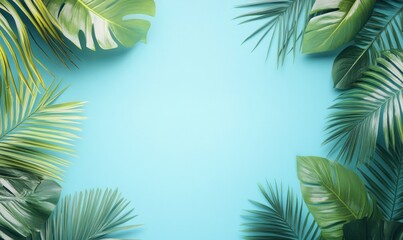 Summer background with palm leaves and sandy beach, blue sky, banner for vacation travel poster or template design. Copy space