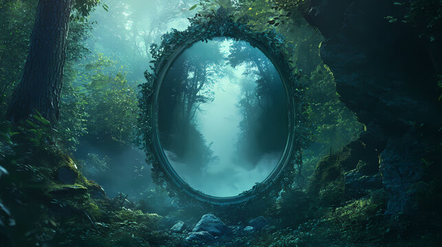 Enchanted mirror reflecting mystical forest with fog in a serene landscape, invoking a sense of wonder and exploration in a dreamy atmosphere. Mirror Realm Explorers. Illustration