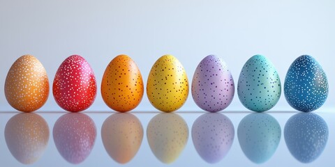 Colorful decorative eggs arranged in a line on a reflective surface for festive celebration