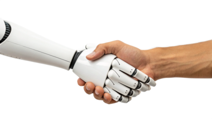 Generative ai. a person shaking hands with a robotic arm against a white background. The robotic arm is white and black in color, and the person's hand is visible on the right side of the image.