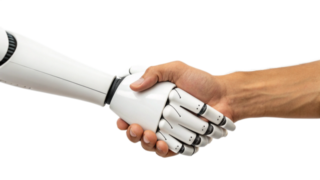 Generative ai. a person shaking hands with a robotic arm against a white background. The robotic arm is white and black in color, and the person's hand is visible on the right side of the image.