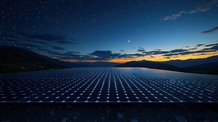 Solar panel field at night mountain landscape in renewable energy concept use