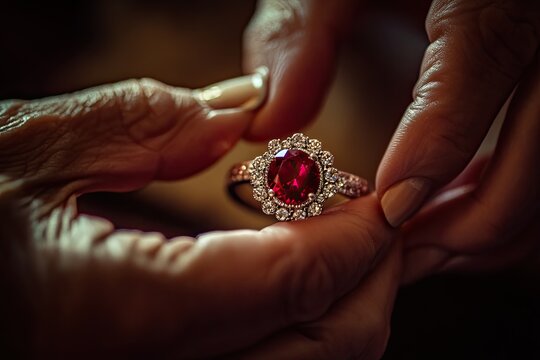 A ruby ring being passed down from a grandmother to her granddaughter
