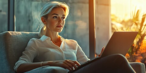 Woman working on laptop at sunset in a modern living space with warm lighting