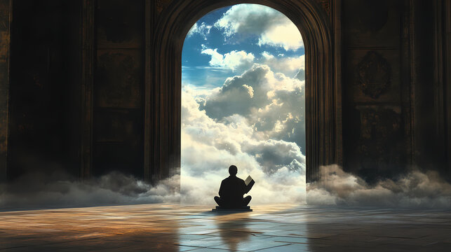 Mysterious figure reading in front of enigmatic mirror reflection. Mirror Realm Explorers. Illustration