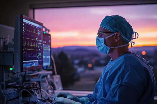 Surgeon monitoring patient vital signs on computer during sunset, showcasing medical technology and dedication.