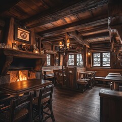 Naklejka premium Rustic interior shows a cozy restaurant with a warm fireplace