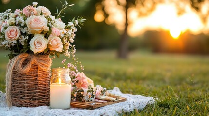 Romantic picnic flowers sunset outdoors
