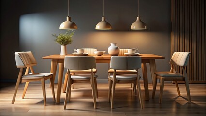 Modern Minimalist Dining Set: Wooden Table & Ceramic Dishes, Night Photography