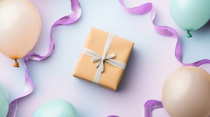 Fototapeta premium Pastel Gift Box with Balloons and Ribbons on a Soft Background