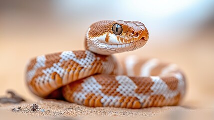 Close-up of a coiled snake in the sand. Potential use Educational material, nature photography