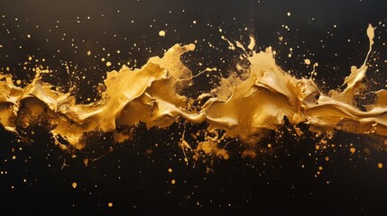 Obraz premium A dynamic composition of gold paint splatters and drips traversing a dark background, resembling an abstract explosion or a celestial event