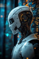 Advanced robot analyzing data, digital background, side view