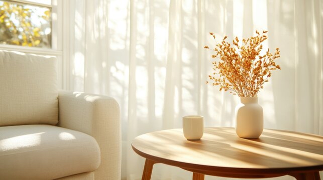 A warm and inviting living room filled with natural light, showcasing a soft sofa and a beautiful flower arrangement on a wooden table, evoking comfort and relaxation.