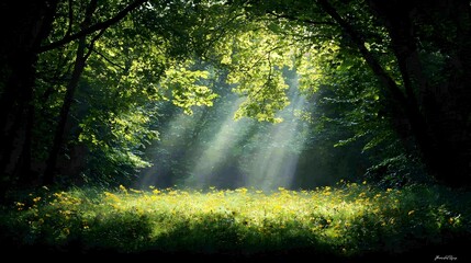 Naklejka premium Sunbeams Illuminating A Forest Meadow