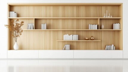 Clean, modern, built-in bookshelf with neatly arranged books and decorative objects