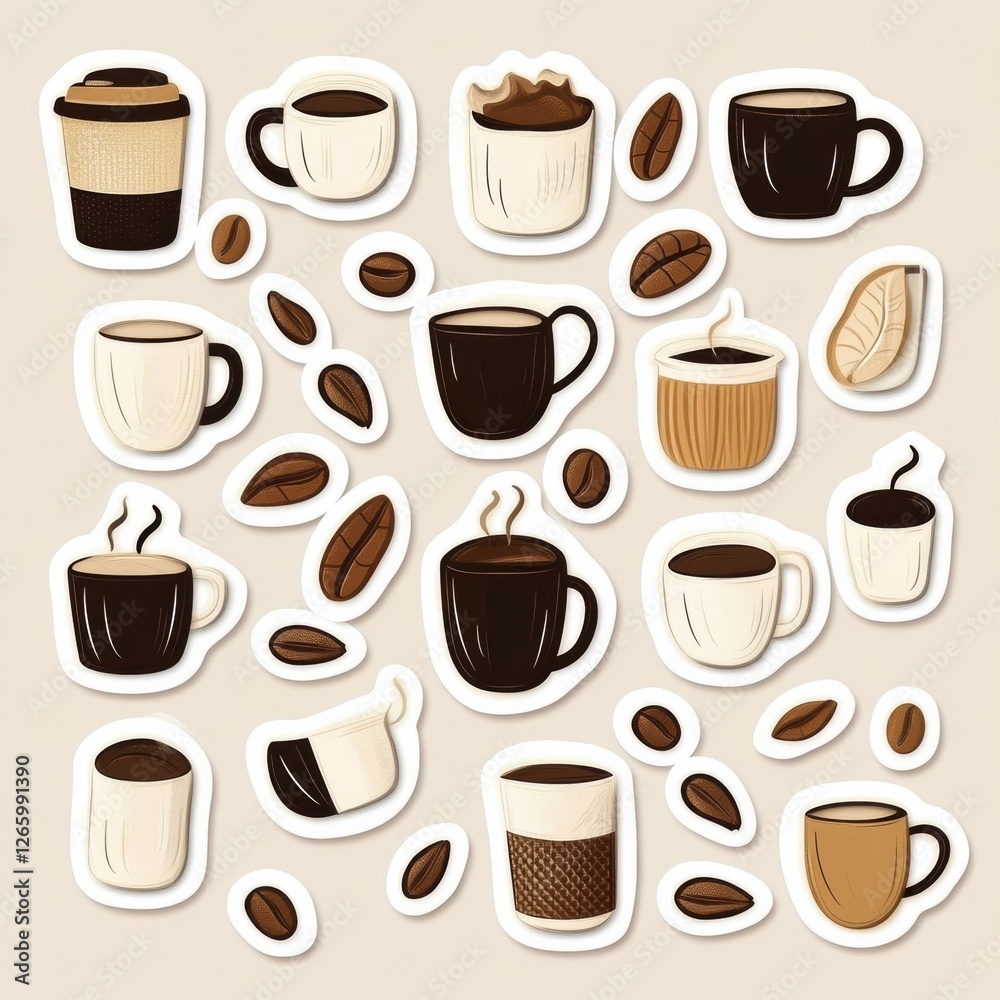 Poster collection of style stickers featuring coffee cups and coffee beans in various designs and colors on