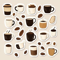 Obraz premium Collection of style stickers featuring coffee cups and coffee beans in various designs and colors on a light background. Generative AI