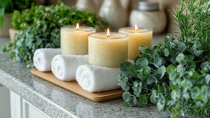Spa scene with candles, towels, and greenery. For wellness website, home decor