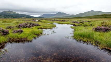 Fototapeta premium Scottish Highland bog landscape reflecting mountains