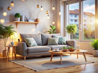 Modern Scandinavian Living Room with Grey Sofa - Tilt-Shift Photography