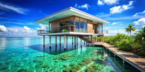 Modern Stilt House, Tropical Lagoon, Luxury Waterfront Villa, Azure Waters, Green Landscape