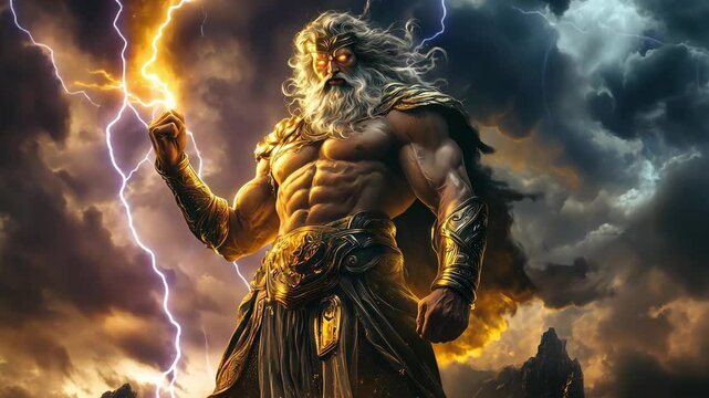 A strong figure of Greek god Zeus holds a bolt of lightning against a backdrop of dark clouds illuminated by a sunset, showcasing raw power and intensity