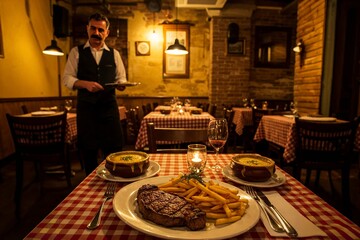 A cozy French bistro with warm lighting, serving classic dishes like steak frites and onion soup