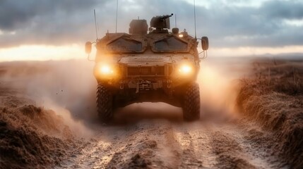 An armored vehicle charges through dusty terrain at sunset, symbolizing strength and resilience in hostile environments while showcasing military efficiency and design.