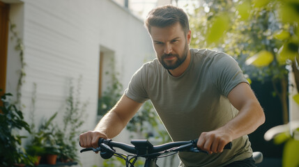 Obraz premium Confident man checking his electric bicycle before starting his ride in an urban environment, enjoying sustainable transportation and a healthy lifestyle
