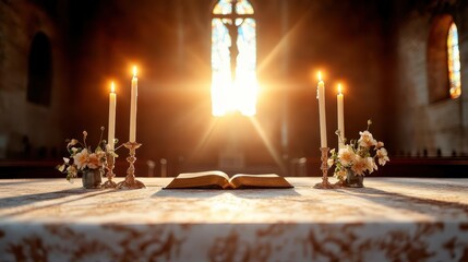 A beautifully lit scene with candles vividly illuminating an open Bible at an altar, bathed in warm sunlight, inviting a moment of introspection and prayer.