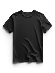 mockup of a plain black T-shirt, front view, flat with no wrinkles, on a white background, in a flat lay