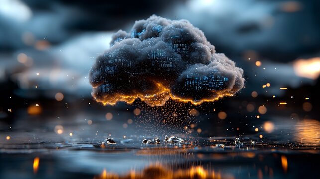 The abstract motion of digital data flow is depicted through a futuristic web of digital informational technology, complete with a cloud icon and a background of code, illuminated by blue and golden