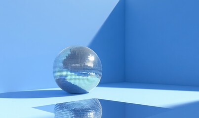 blue background with a large disco ball in the center, reflecting light on it, and a small part of the mirrored surface is visible on one side of the sphere. The overall color scheme should be blue