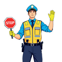 Police officer holding stop sign and raising hand