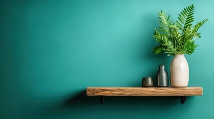 This stylish shelf features trendy potted plants that add a touch of nature to the vibrant turquoise wall, creating a fresh and inviting atmosphere in any modern interior space.