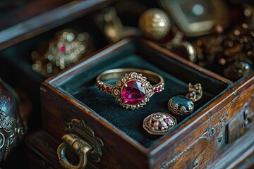 A ruby ring inside an heirloom chest with other vintage jewelry pieces - obrazy, fototapety, plakaty