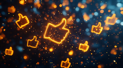 Bright neon thumbs-up icons floating in cyberspace
