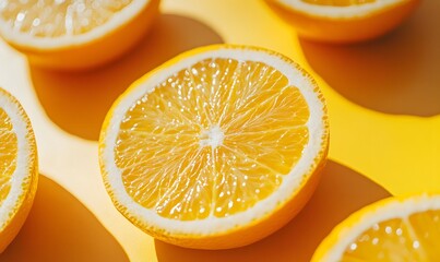 Fototapeta premium Close-up of vibrant orange fruit halves on a bright yellow surface with shadows
