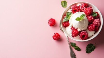 An appealing bowl of raspberry ice cream artfully presented with mint leaves and raspberries, showcasing a gourmet treat that is visually stunning and delicious.