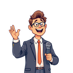 Smiling businessman waving and speaking into microphone