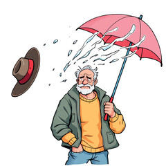 Senior man losing his hat during a windy rainy day holding an umbrella