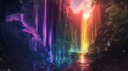 Obraz premium An ethereal reflection: exploring the vivid realms of imagination through color and light. Mirror Realm Explorers. Illustration