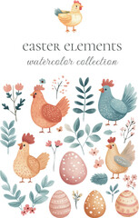 eastern watercolor collection bunnys and eggs and chicken for cards and designs
