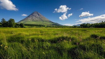 Fototapeta premium Majestic Mountain Peak Overlooking Lush Green Meadow Under a Blue Summer Sky