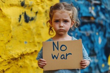 Ukrainian girl protesting against war holding a cardboard poster with the inscription no war