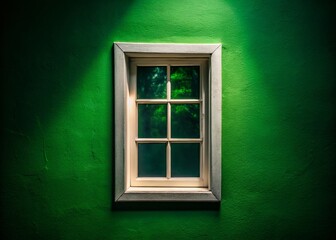 Moody Low-Light Photo: White Window on Green Wall - Architectural Detail