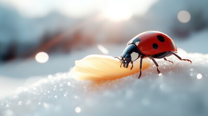 Obraz premium A detailed close-up of a ladybug perched on a petal, glistening with dew, as soft light illuminates the serene winter landscape behind it.