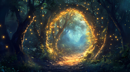 Dark enchanted forest illuminated by a mystical mirror serving as a portal to another realm with shimmering lights and shadowy trees creating a magical ambiance. Mirror Realm Explorers. Illustration